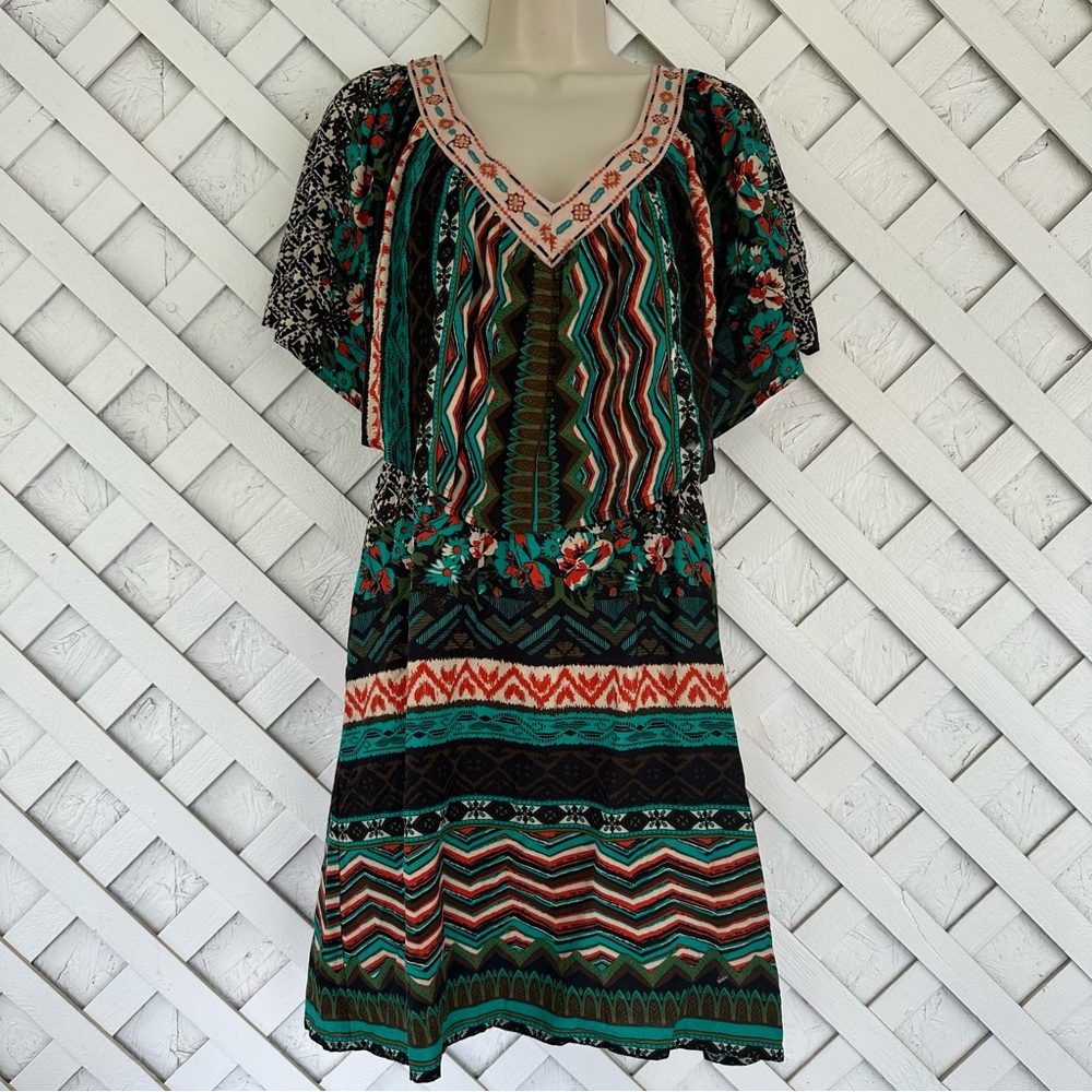 Flying Tomato Boho Hippie Short Dress Embroidered Neckline Multi-Print Small